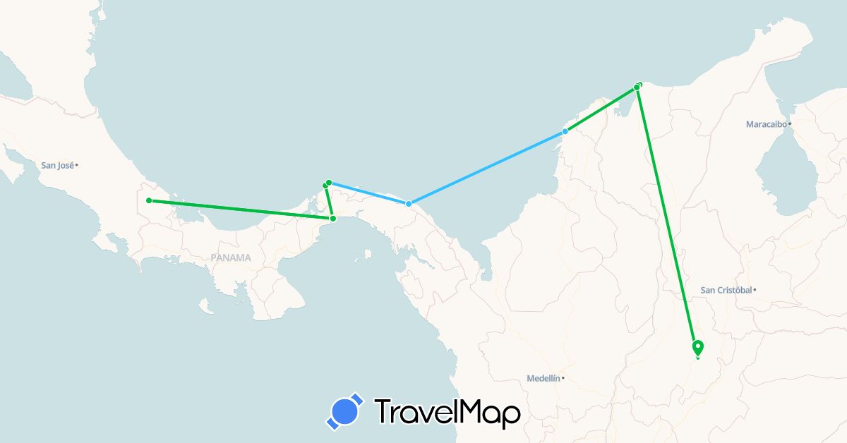 TravelMap itinerary: driving, bus, boat in Colombia, Panama (North America, South America)